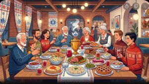 Современная иллюстрация праздничного стола с блюдами русской кухни для большой компании в ресторане